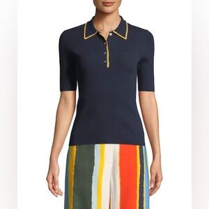 Tory Burch Mila Navy Rib Knit Cotton Blend Polo Top with Gold Trim M